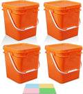 Food Storage Buckets with Lids - 4 Set Square Clear Plastic Containers, Airtight Pressure Seal & Handle for Kitchen Freezer Prep (Orange, 1 gal)