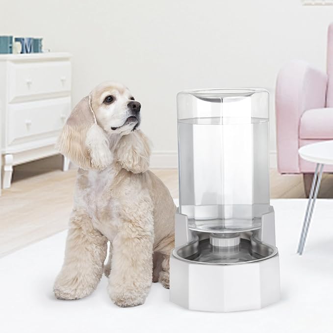 Sfozstra Dog Water Bowl Dispenser: 7L White Gravity Stainless Steel Bowl | Stable Non-Slip Base/Easy Refill/Indoor & Outdoor Use/Food-Grade Materials/Indoor & Outdoor Use