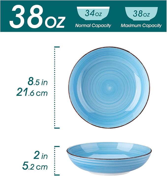 vancasso Bonita 38 oz Ceramic Pasta Bowls Set of 6, Microwave & Dishwasher Safe, 8.5 Inch Elegant Shallow Bowls Set for Pasta, Salad, & Soup – Large Capacity Pasta Plates Sets, Blue