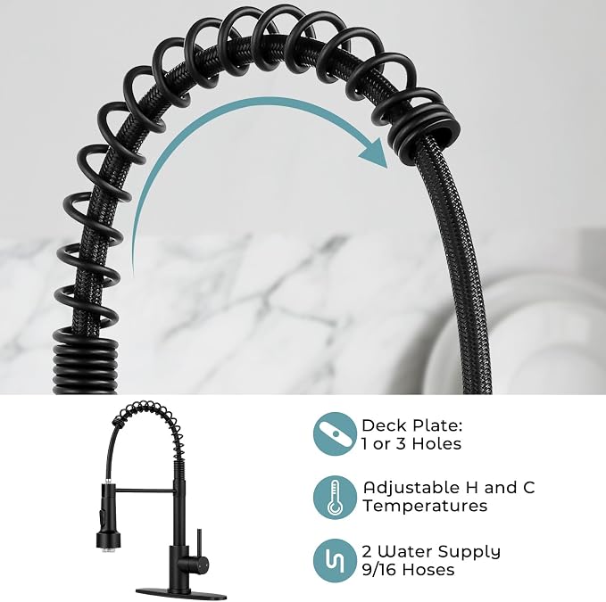 Kitchen Faucet with LED Pull Down Sprayer Matte Black | 2-mode sprayer, 360° high arc spout, 304 SS build, drip-free valve, fingerprint-resistant, DIY install, 500K cycle tested