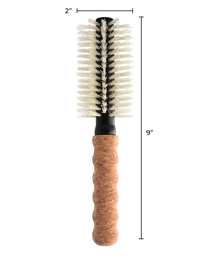 Nylon Boar Bristle Hair Brush, Round Brush for Blow Drying, Small 2" Barrel Blowout Brush, Anti Static Hairbrush, Cork Comfort Grip Handle, Detangling Plastic/Natural Bristle Hair Styling Tool
