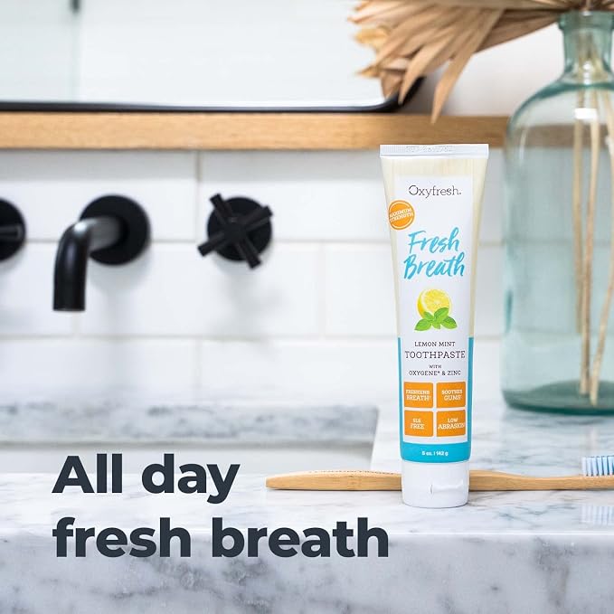 Oxyfresh Premium Lemon Mint, Fresh Breath Toothpaste – Essential Oils | Helps Fight Bad Breath, Anti Plaque & Tartar Control – Low Abrasion Gel, SLS & Fluoride Free Toothpaste with Essential Oils