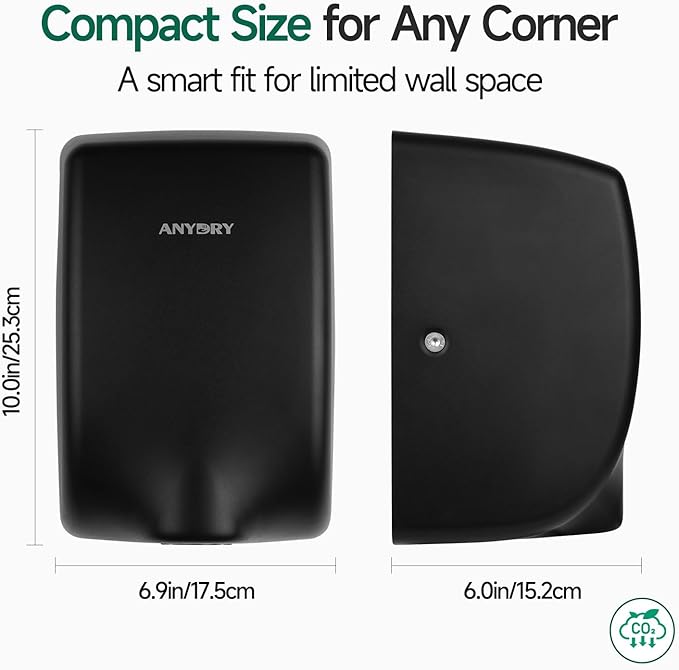 anydry Compact Hand Dryer, High-Speed 1350W Airflow, Matte Black Finish, Space-Saving for Commercial & Home Use, Model AD2803Y