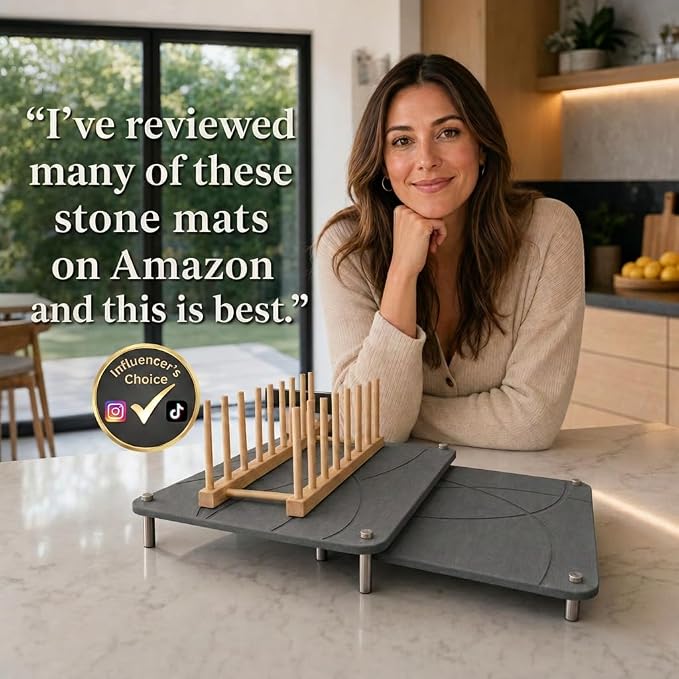 Stone Drying Mat for Kitchen Counter with Bamboo Rack | 16” x 12” Dish Drying Mat Large | Diatomaceous Earth Collapsible Stone Dish Drying Mat | Stone Mat for Kitchen Counter (Dark Gray)