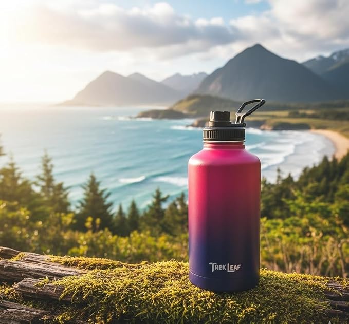 Travel Water Bottle with Carrying Bag, 3 Lids (Spout, Straw, Handle), and Bottle Brush; Leak Proof, Quality, Vacuum Insulated, Stainless Steel (Mixed Berry, 64 oz)