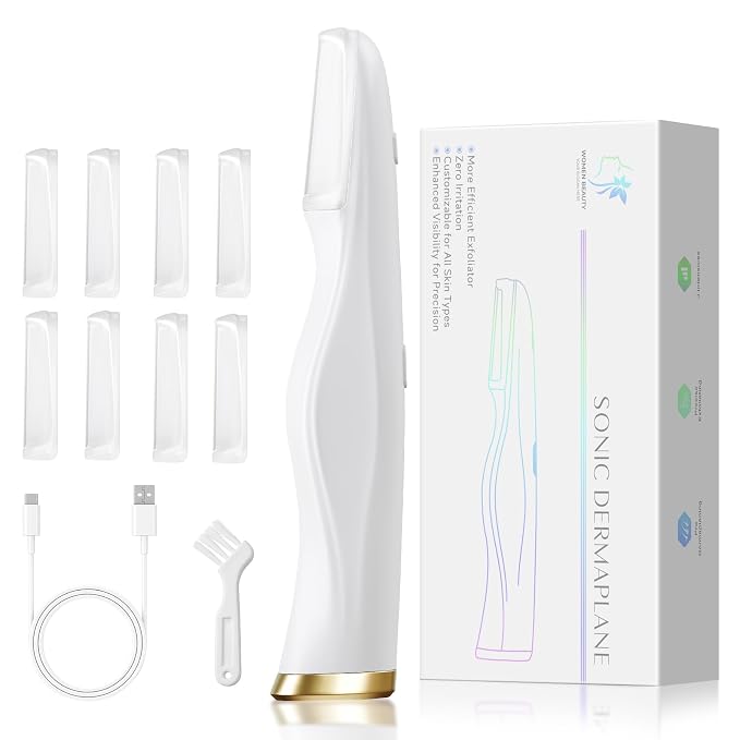 Sonic Dermaplaning Tool for Women Face, Electric Dermaplane Razor with LED Light, 2-in-1 Peach Fuzz & Dead Skin Remover, 3-Speed Facial Exfoliating Tool with 8 Replacement Blades (White)