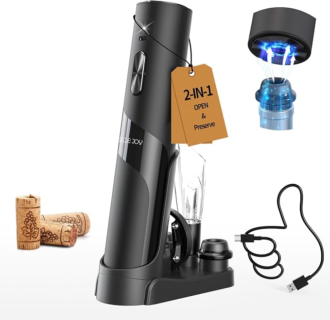 CIRCLE JOY Rechargeable Wine Opener Electric Wine Bottle Opener, 7-in-1 Wine Gift Set with Electric Vacuum Pump, Charging Station, Foil Cutter, Wine Aerator Pourer and 2 Wine Stoppers, Black