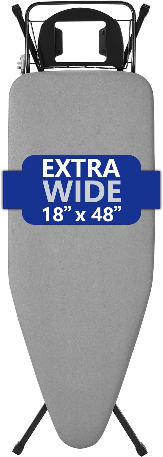 BKTD Extra-Wide Ironing Board – 48"×18" Large Surface (57" w/Iron Rest) • Built-in Clothes Rack, Hanger & Cord Holder • Heat-Resistant Cover • Heavy-Duty, No Wobble • Adjustable Height • Black Grey. | Built-in Hanger, Cord Holder, Heat-Resistant Cover,...