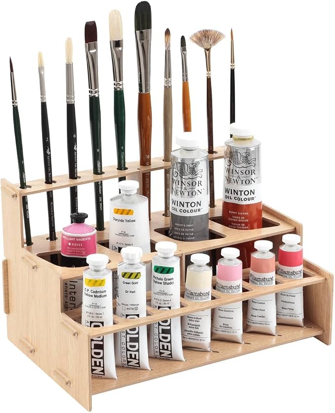 HG Art Concepts Mezzo Artist Paint and Brush Racks - Wood Grain Laminate Multi Layer Desk Stand Professional Storage Display Organizer for Paintbrushes and Tubes - Straight Rack 1, 3 Pack