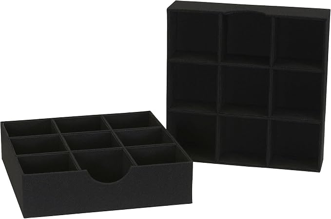 Household Essentials Drawer Organizer Tray with Fabric Cover and 9 Square Compartments, Black, Set of 2
