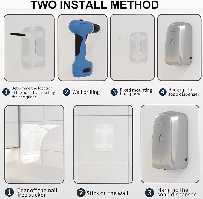 JETWELL Automatic Touch-Less Wall Mount Hand Soap Dispenser Liquid Drop Battery Operated, Brushed Stainless Steel Cover Large Capacity 34OZ/1000ML for Kitchen Home Commercial Bathroom | Brushed Cover, Large Capacity, Battery Powered, Liquid Soap, Comme...