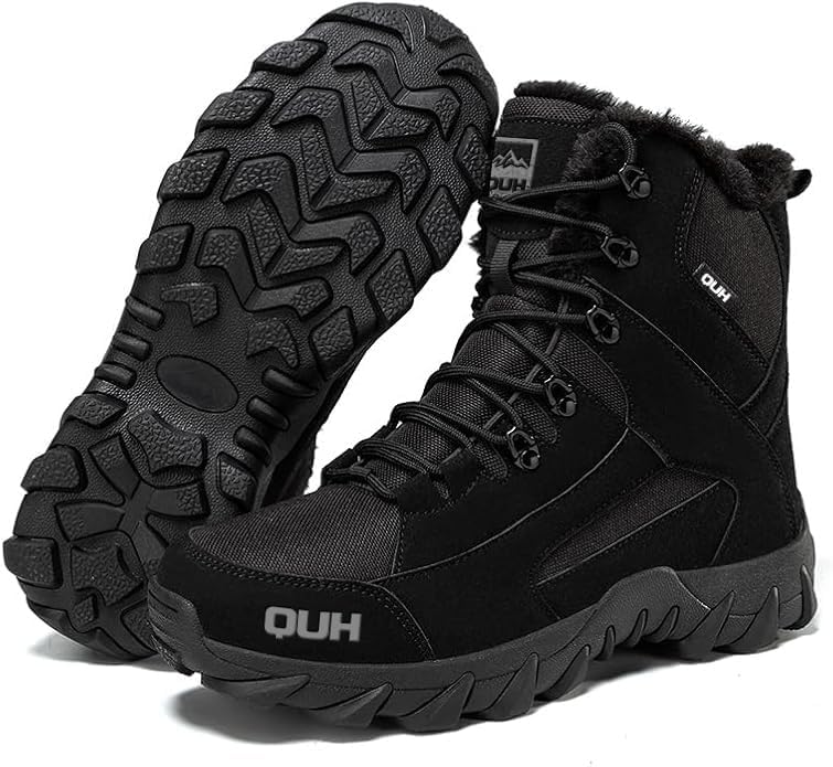 QUH Winter Snow Boots Waterproof Military Training Fur Lined Anti Slip Warm Boots Thickened Cotton Walking Ankle Boots For Man