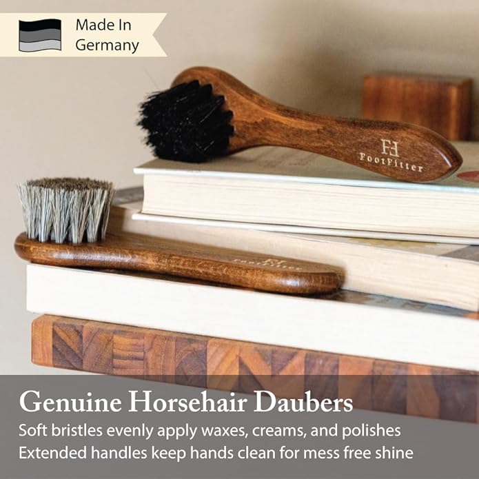 FootFitter Premium Shoe Care Brush Set, Horsehair Shine Brushes & Tools for Polishing Leather & Suede Shoes (Made in Germany)
