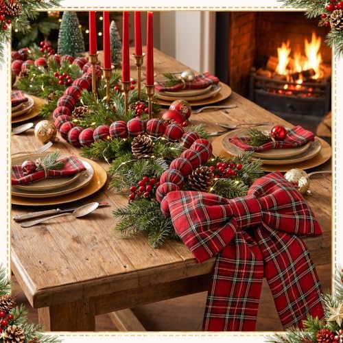 Riceshoot Christmas Tartan Plaid Ball Garland with Bow, Tree Decoration Set