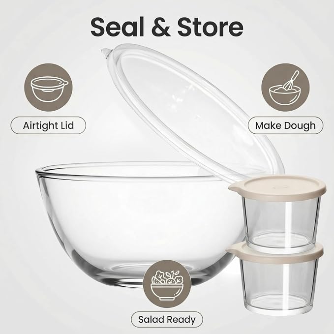 Large Glass Bowl for Sourdough Bread Making with Lid, 5Quart Deep Big Glass Bowl Large Salad Bowl with 8oz Small Bowls (clear)