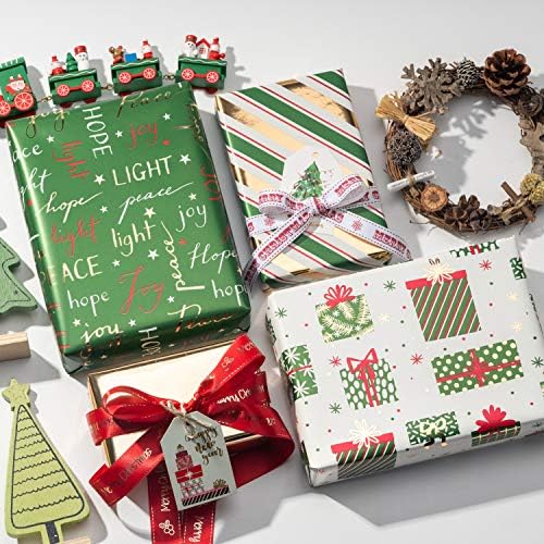 WRAPAHOLIC 30 Inch Green Christmas Wrapping Paper Roll - Jumbo Roll Green Holiday Set with Metallic Foil Shine - 4 Rolls - 30 Inch x 120 Inch Per Roll