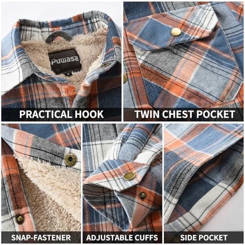 Men's Sherpa Cotton Flannel Shirt Jacket Plaid Button Coat Pocket
