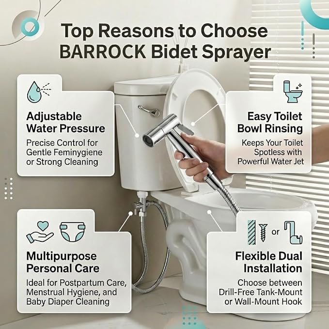 BARROCK Chrome Handheld Bidet Sprayer for Toilet,Stainless Steel Baby Cloth Diaper Jet Spray Kit,Bathroom Toilet Bidet Attachment Set with Adjustable Water Pressure for Bathing Pets and Feminine Wash