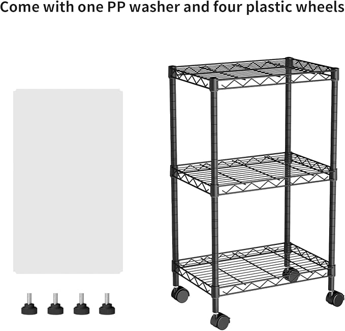 Golpart Small 3 Tier Shelves Storage Wire Shelving Unit Metal Shelf Adjustable Organizers Storage Shelving with Wheels for Bathroom Laundry Room Kitchen Pantry11.7”D x 17.7”W x 30.7”H Black