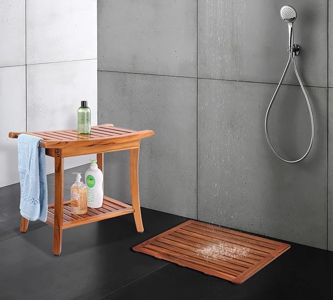 Utoplike (24"x18") Teak Wood Bath Mat, Shower Mats for Bathroom Large | Solid Wooden, with Non-Slip Pads, for Spa Home or Outdoor Inside Shower