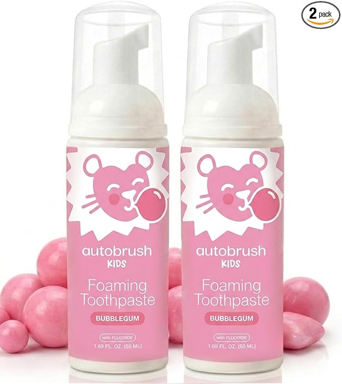Autobrush Fluoride Foaming Toothpaste for Kids, Bubblegum Flavor, Whitening & Deep Cleaning, Travel Friendly, Anti-Cavity (Pack of 2)