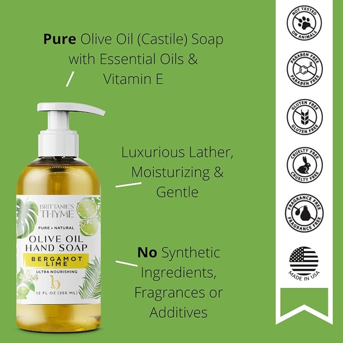 Brittanie’s Pure Castile Liquid Soap Refill, Bergamot Lime, 16 Ounce | Dish Soap, Hair & Body, Home, Gentle and Pure, Made with Natural Luxurious Oils, Vegan & Gluten Free Non-GMO