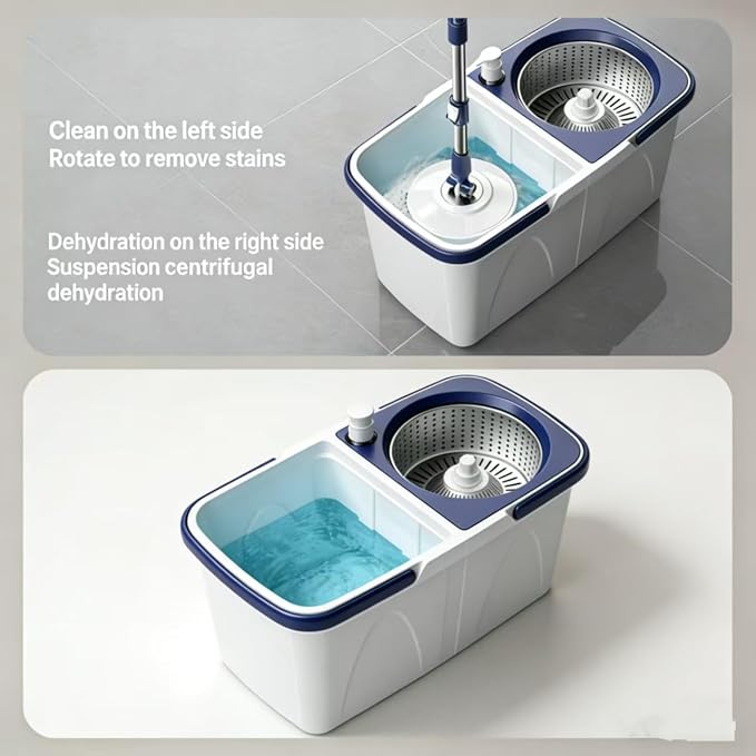 Spin Mop Bucket Kit with Integrated Wringer System | 3 Pack Microfiber Spin Mop Refills, Spin Mop Bucket System for All Floor Types Cleaning