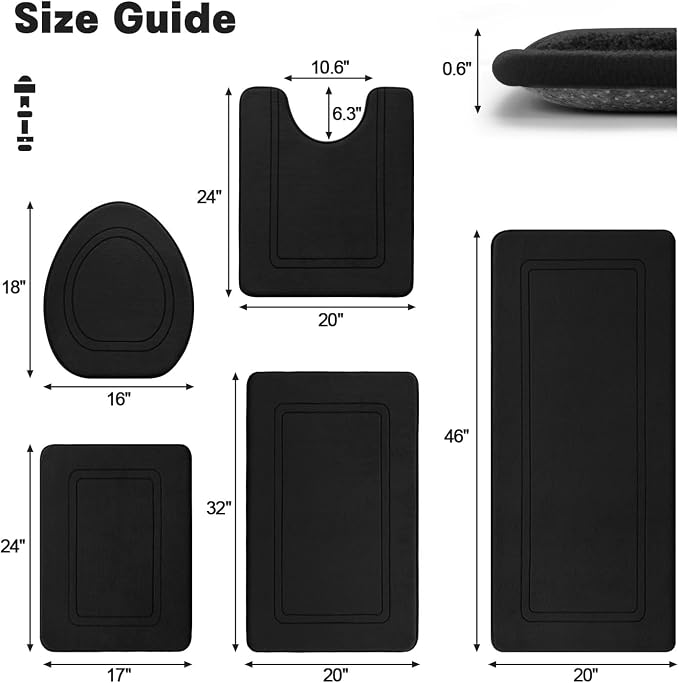 YIHOUSE Black Memory Foam Bath Mat Set, 5-Piece Non-Slip Absorbent Bath Rugs for Bathroom Floor, Quick-Dry Washable
