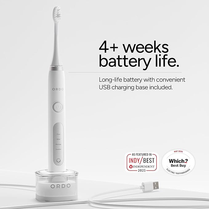 ORDO Sonic+ Electric Toothbrush for Adults, Advanced Tech, 4 Brushing Modes, Fast Rechargeable, Sonic Toothbrushes Over 4 Weeks Battery Life, Silicone Polishing Element, USB Charger, White Silver