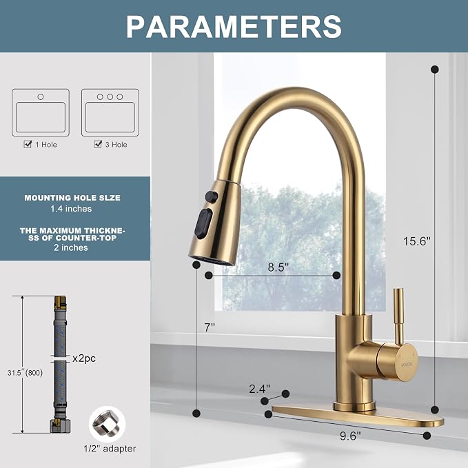 WOWOW Brushed Gold Kitchen Faucet With Sprayer, Stainless Steel High Arc Single Handle Sink Faucet for 1 or 3 Hole, Luxurious Gold Utility RV Kitchen Tap