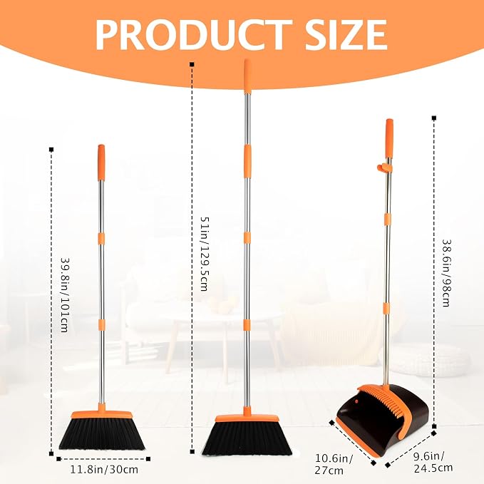 2-Pack Broom and Dustpan Set with Long Handle, Heavy Dust Broom and Dustpan Combo for Home，Kitchen, Office, Pet Hair (Brown Orange)