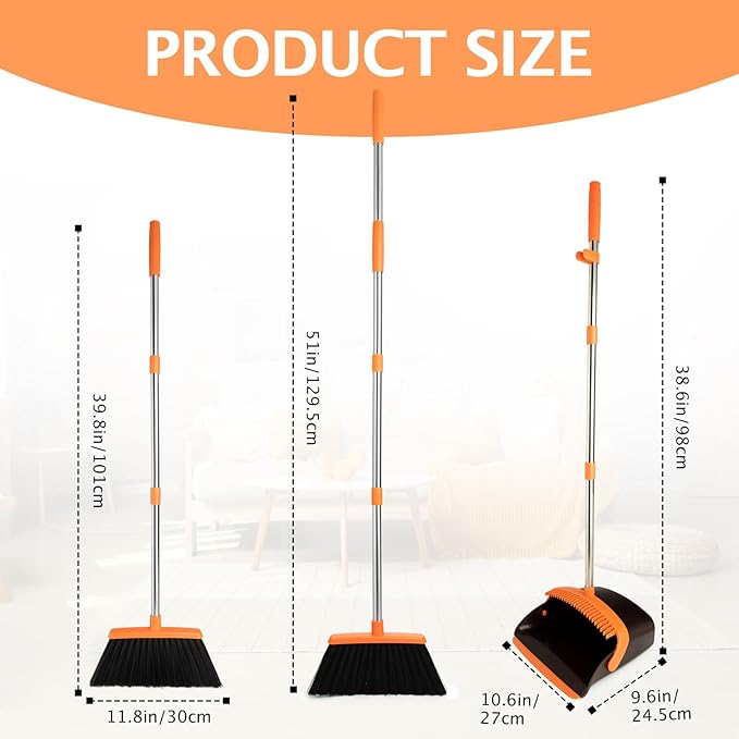Broom and Dustpan Set,Dustpans with Broom Combo for Home,Heavy Dust Broom and Dustpan Combo,Long Handle Dust Pan and Broom Set for Kitchen Office,Pet Hair(Brown Orange)