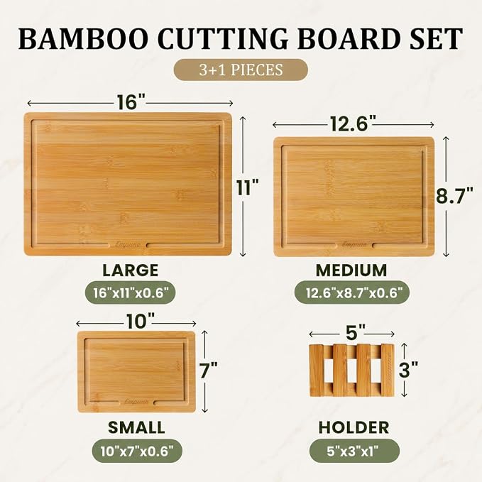 Bamboo Cutting Boards for Kitchen, 3 Piece Extra Thick Cutting Board Set with Juice Groove, Deep Carbonized Bamboo Chopping Board, Reversible Wood Cutting Board for Meat, Charcuterie & Serving