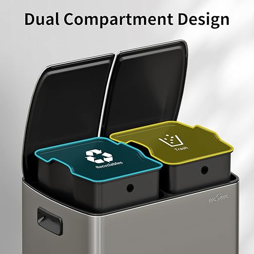 mVm Kitchen Trash Can, 16 Gal (2x8Gal) Dual Trash Can with Lids, 2 Compartment Recycling Bin Anti-Fingerprint for Kitchen Office Garbage Can