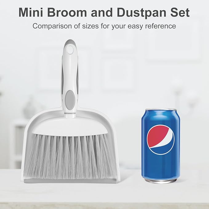 NACENA Small Dust Pan and Brush Set, Mini Broom and Dustpan Set Small Hand Broom and Brush Combo Dust Pan with Teeth for Home Cleaning Drawers Desktop Sofas and Outdoor, White & Gray