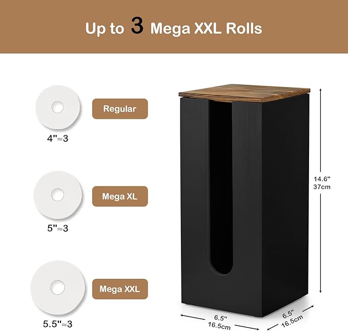 OUTNILI Freestanding Toilet Paper Holder Stand with Lid, Black Wooden Toilet Paper Storage Organizer for Bathroom Floor, Rustic Farmhouse Toilet Paper Storage Holds 3 Extra Large Rolls