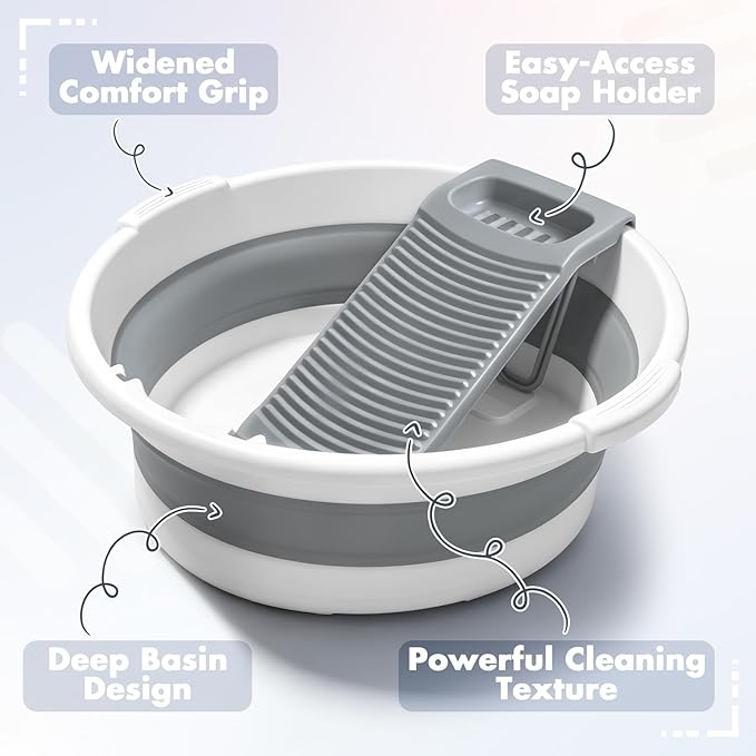 Lounsweer Large Collapsible Washboard Basin for Hand Washing Clothes with 2 Cleaning Brushes Portable Folding Laundry Tub with Non-Slip Washtub for Home Travel Camping