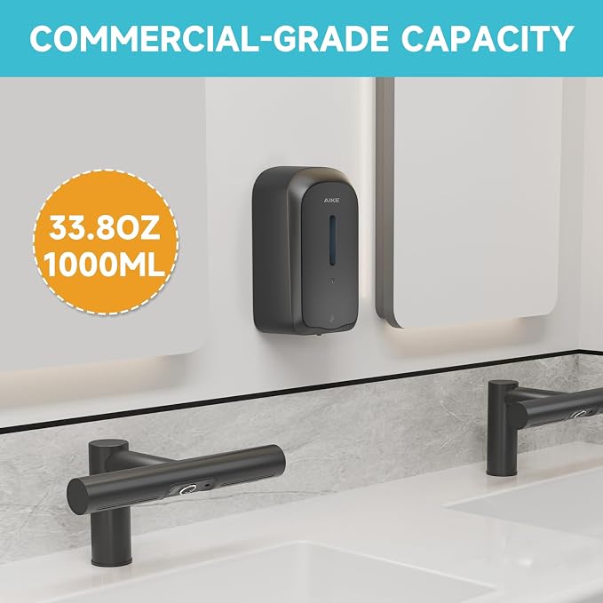 AIKE Liquid Automatic Soap Dispenser,33.8oz Capacity for Bathroom,Black | 5-Level Adjustable and Savety Key for Commercial(4*AA Batteries Not Included),Screw Wall Mount for Space-Saving,AK1226S