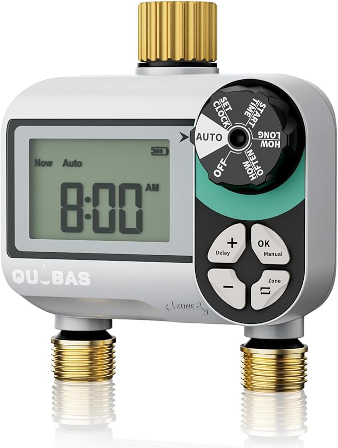 QUOBAS Brass Sprinkler Timer, Programmable Water Hose Timer for Garden Hose Faucet with Waterproof LCD Screen, Rain Delay/Manual/Automatic Irrigation Watering System for Garden, Lawn, Yard - 2 Zone