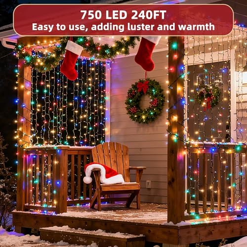 240ft Outdoor Christmas Lights, 750 LED Super Long String Lights 12 Modes & Timer Memory, Dimmable Outsite Waterproof Light Strings for Xmas Tree Garden Wedding Party Holiday Decorations Multicolor