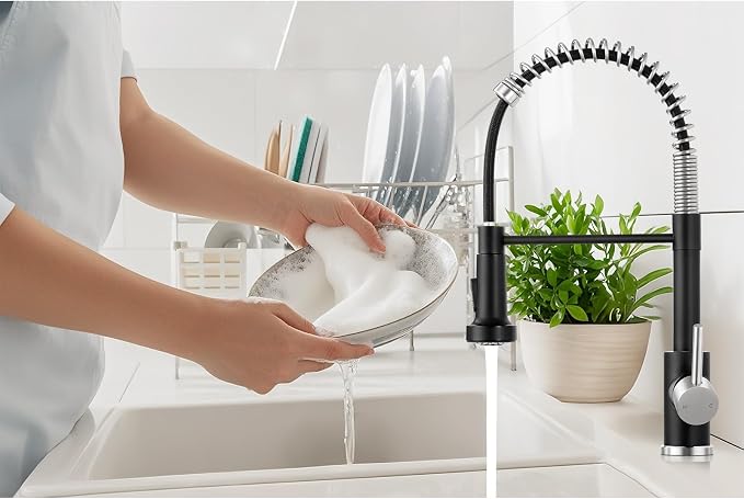 Kitchen Faucet with Pull Down Sprayer Black&Brush Nickel | 2-mode sprayer, 360° high arc spout, 304 SS build, drip-free valve, fingerprint-resistant, DIY install, NSF certified