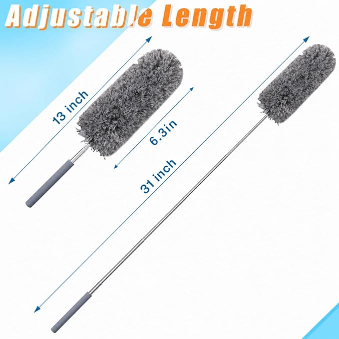 Tanlade 1 Pcs Microfiber Feather Duster for Cleaning 13-31 Inch Extendable Cobweb Dusters Ceiling Fan Duster Washable Bendable Tool for Office Car Window Furniture (Gray)