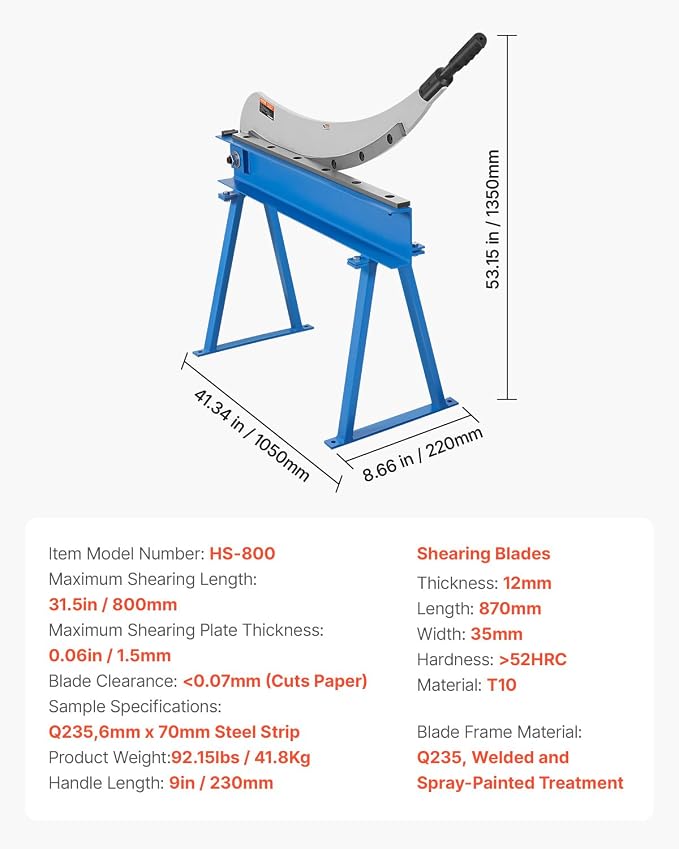 VEVOR Hand Plate Shear, 31.5 in Max Cutting Length, Manual Sheet Metal Shear Machine, Benchtop Cutter with T10 High-Hardness Blades, Q235 Material, for Cutting Large Metal Sheets Steel Aluminum Copper