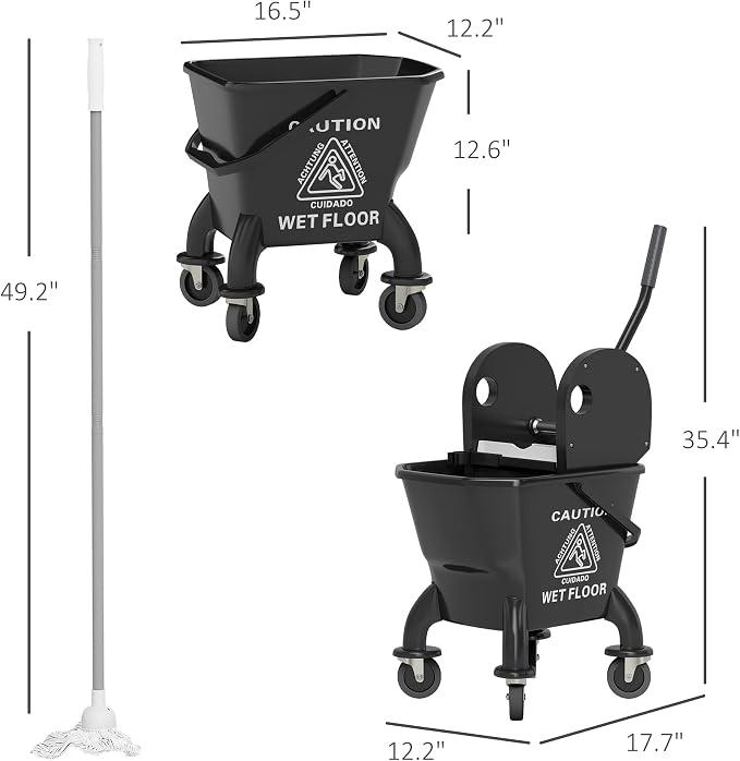HOMCOM Mop Bucket with Wringer on Wheels, 27.5 Quart, with Mop, Black | Down Press Wringer, Handle and Mop, Floor Cleaning
