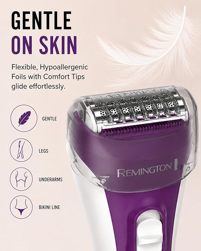 Remington Smooth & Silky Electric Shaver for Women, 3-Blade Wet & Dry Razor | Battery Operated for Cordless Use, Includes Bikini Trimmer Attachment, 100% Waterproof Design, Flexible Hypoallergenic Foils