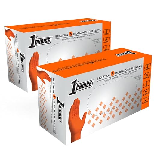 1st Choice 6 mil Orange Gloves, Disposable, Latex Free, Raised Diamond Grip, Mechanic Glove for Men, XXLarge, 2 Boxes of 100 | Bulk Purchasing Options, Medium Duty Gloves for Mechanics, Business, and Household Tasks, Food Safe and Chemical Resistant