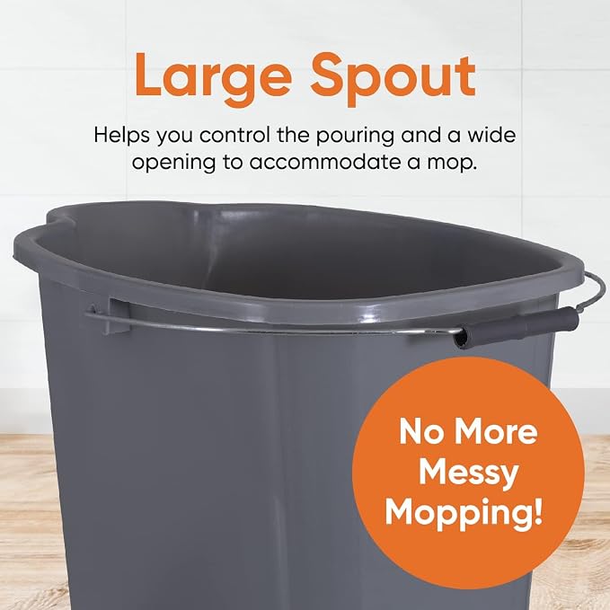 Superio Plastic Bucket with Grip Handle, 16 Liter Large Spout Cleaning Pail Grey, Heavy Duty Bucket Home Floor Mopping, Bath, Car Wash, Bowls for Camping, Fishing, 2 Pack