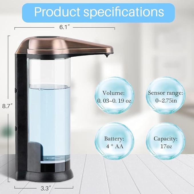Secura 17oz Automatic Liquid Soap Dispenser, Touchless Battery Operated Hand Soap Dispenser with Adjustable Soap Dispensing Volume Control Dial, Personal Care Dispenser (Antique Copper)