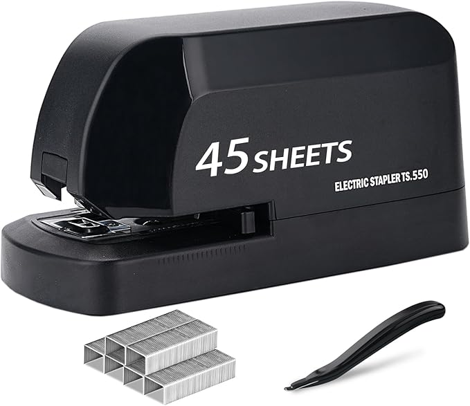 Electric Stapler for Desk, 45 Sheet Capacity Automatic Stapler Desktop, Office Staplers Electric, AC Operated Staplers Heavy Duty Office Use with 1,000 Staples & Staple Remover, Black