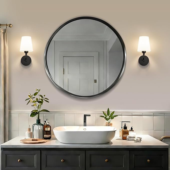 Modern Bathroom Vanity Light, Matte Black Bathroom Light Fixtures, Set of 2 Lighting Fixtures Over Mirror, Modern Wall Sconce with Flared White Fabric Shade, E26 Socket(ETL Listed)